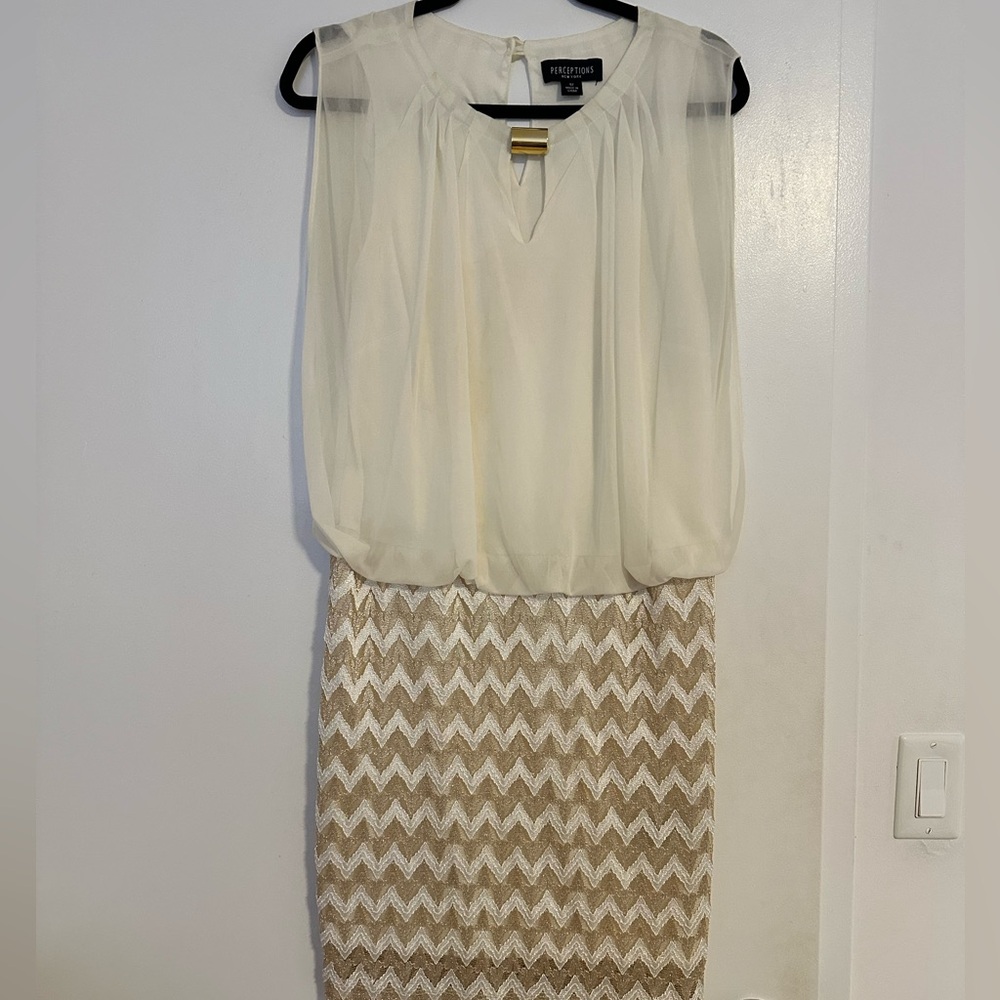 Perceptions Cream and Gold Pencil Skirt Dress